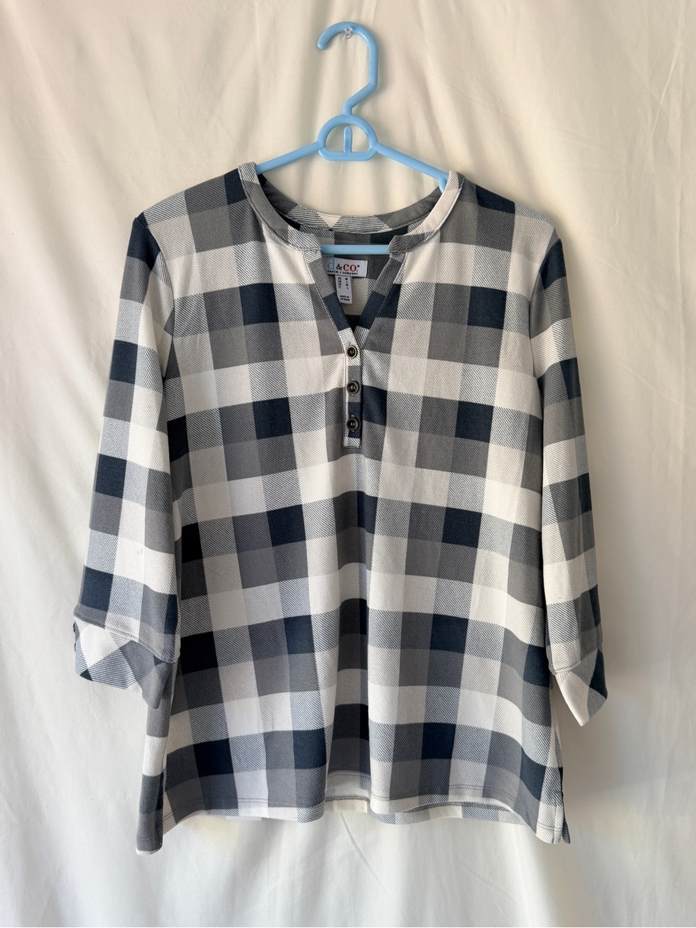 A & Co Black and White Plaid Henley Tunic